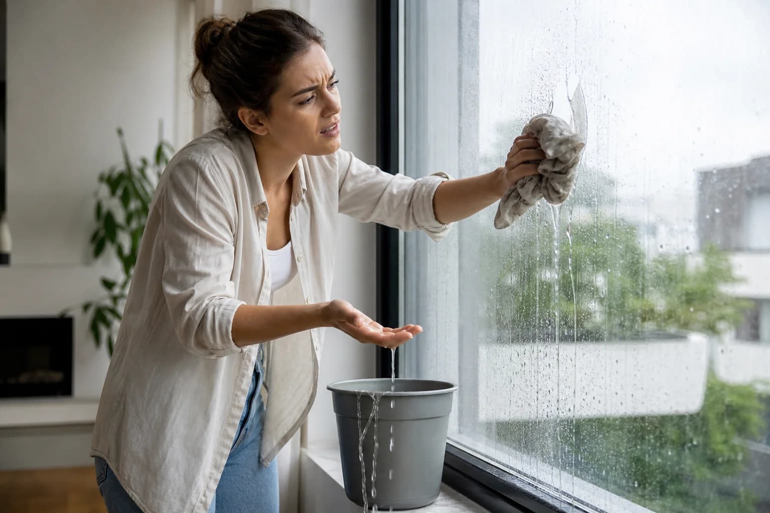 Person wiping a streaky window with a cloth and a bucket on the sill