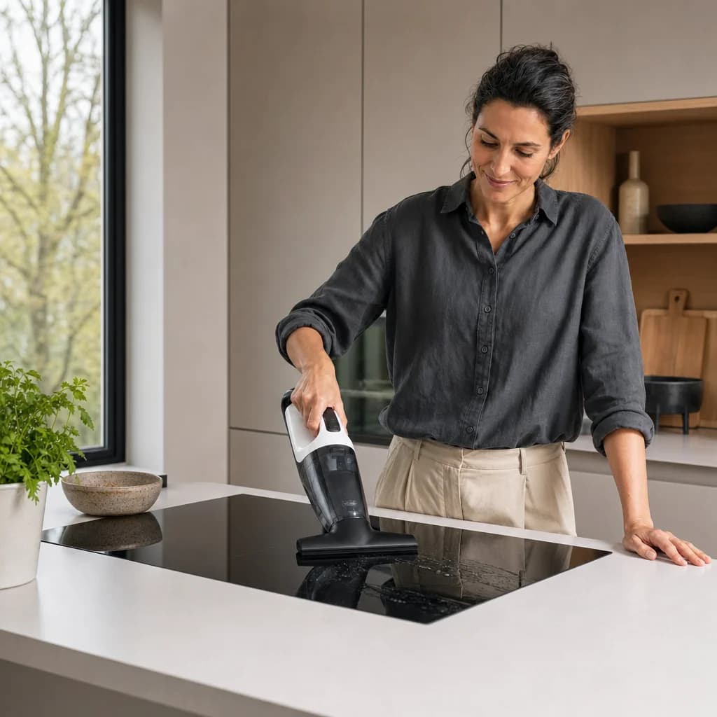 Woman cleaning a black glass induction hob in a modern kitchen with the ClearGlide window vacuum